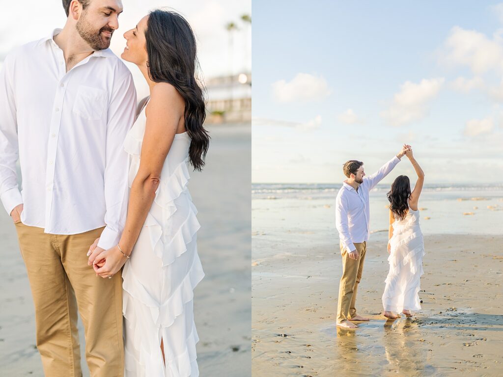 Bride in ruffle white dress and groom in white button down and khaki pants kissing overlooking the ocean in Del Mar, California.
