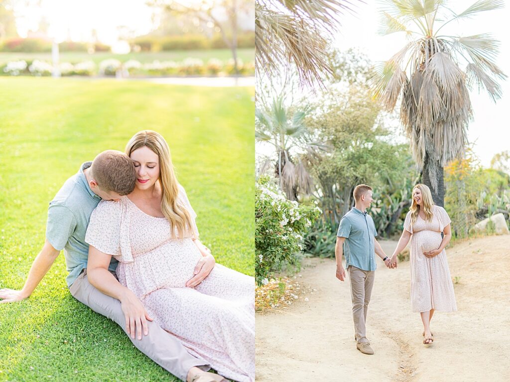 Couple taking maternity photos at Balboa Park's Desert Garden in San Diego, California.