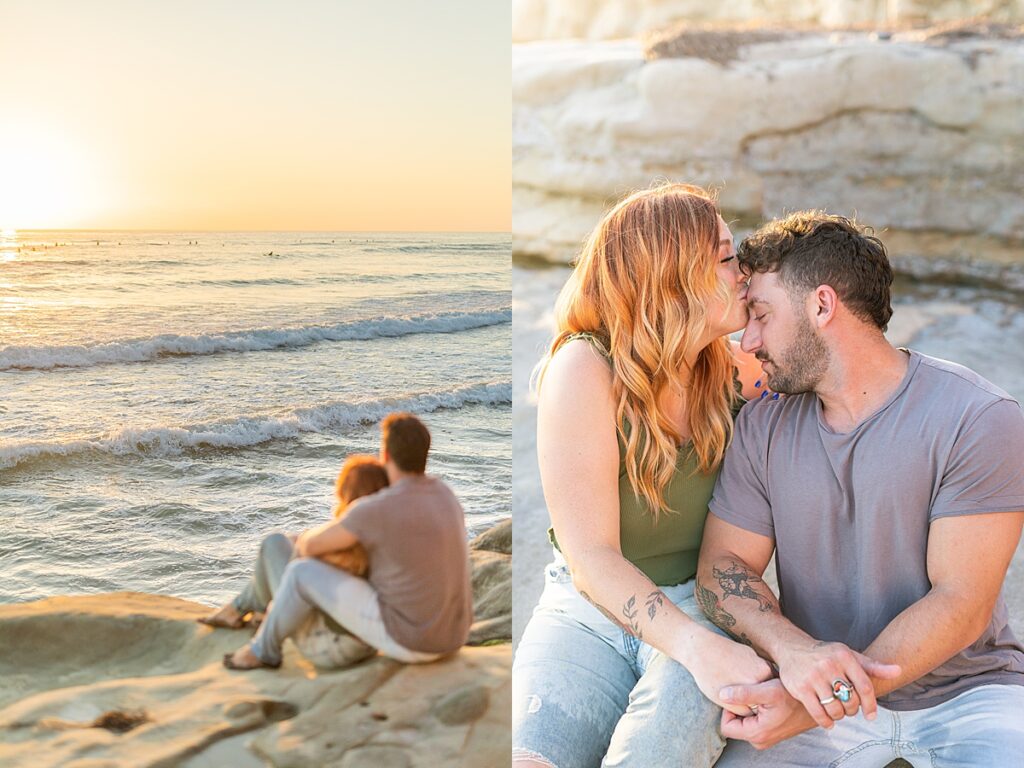 Couple session overlooking the ocean waves and surfers at Terramar Beach.
