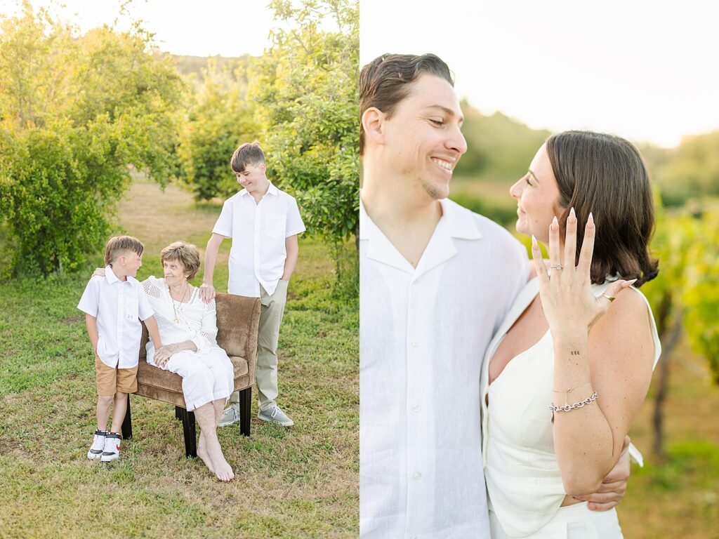 Engaged couple holding up diamond ring at extended family session. Great-grandma and great-grandchildren sitting together in private estate orchard.