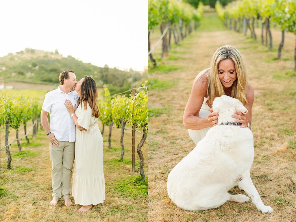 Couple kissing and playing with dog in Murietta.