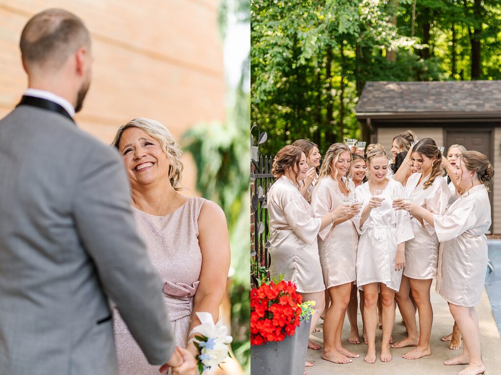 Bride in her wedding dress with her bridesmaids and their bouquets.