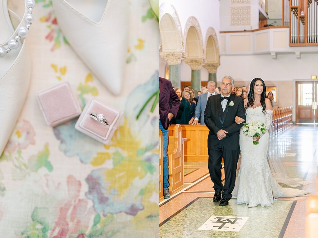 Bride walking down the aisle at Immaculata Catholic Church in San Diego, with guests looking on in awe.