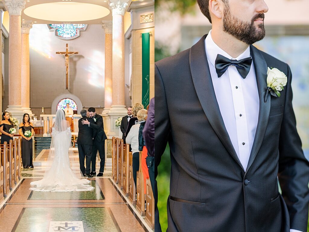 Bride walking down the aisle at Immaculata Catholic Church in San Diego, with guests looking on in awe.