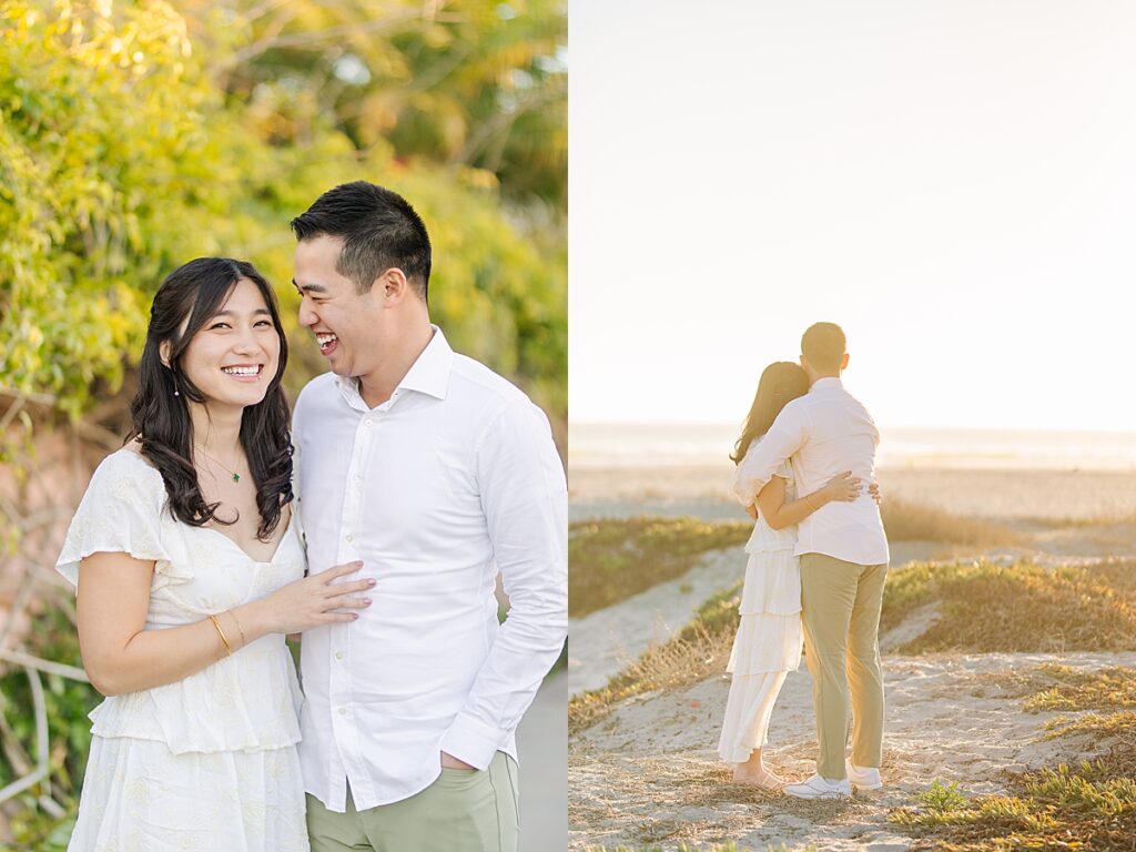 Jiaqi and Eric walk hand-in-hand through the quiet, sunlit streets of Coronado, enjoying a peaceful moment together during their engagement session.