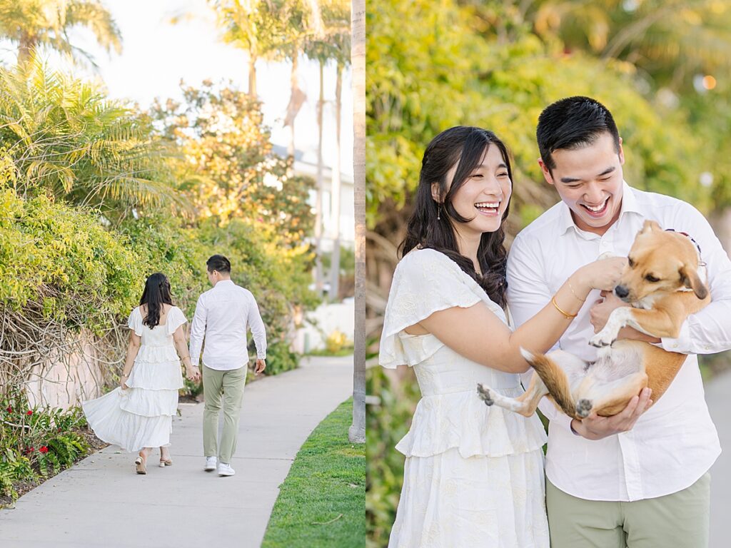 Jiaqi and Eric walk hand-in-hand through the quiet, sunlit streets of Coronado, enjoying a peaceful moment together during their engagement session.