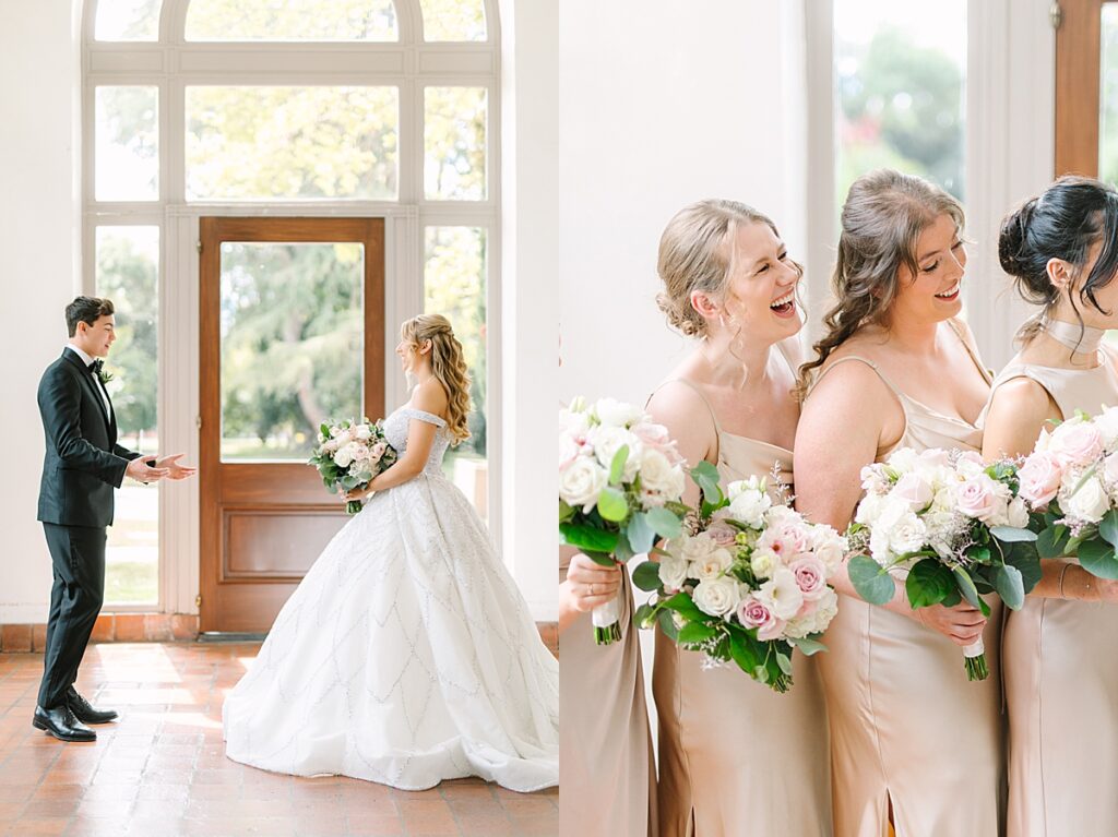 Bride Bailey walks down the aisle surrounded by lush greenery at Hotel Del Monte in Monterey.