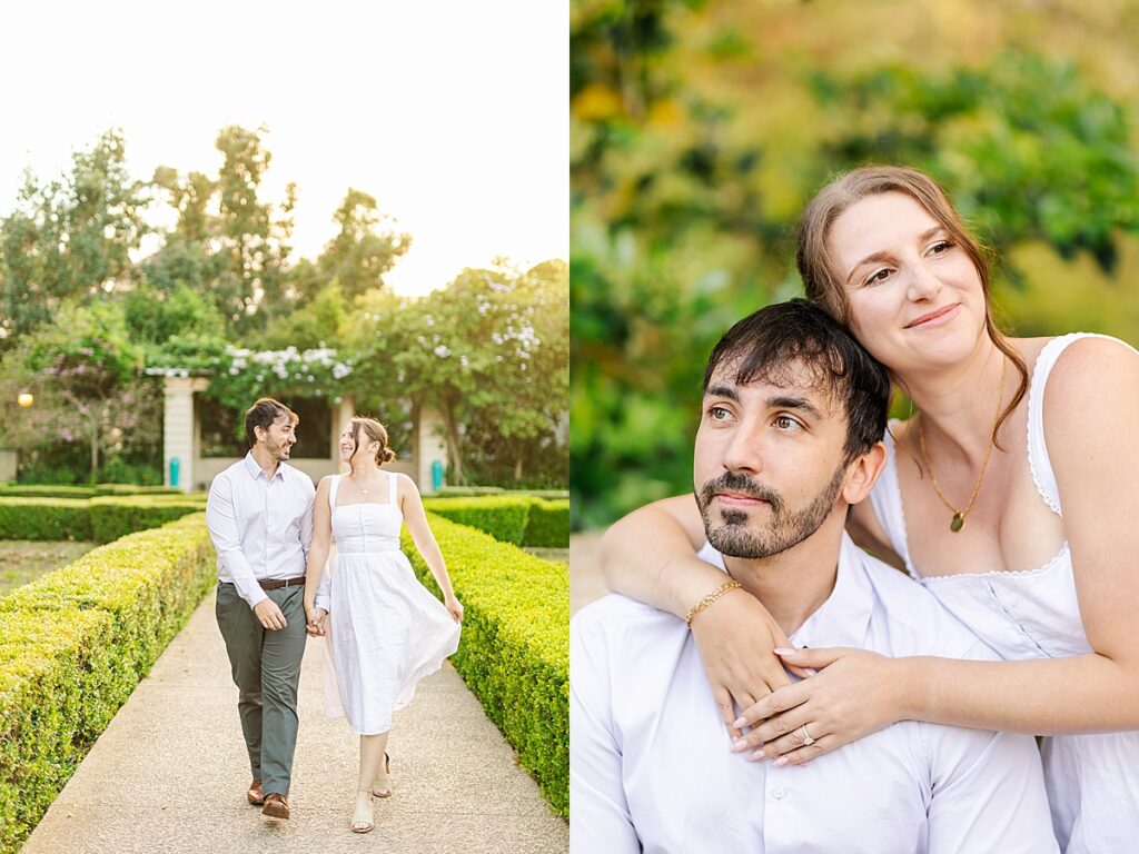 Rachel and Alex hold hands and walk through a sunlit path lined with blooming trees at Balboa Park during their spring engagement session.
