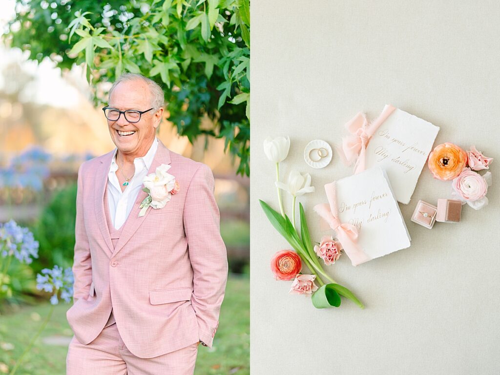 Groom smiling and laughing during his portraits. Wedding vow books laying among flowers and wedding rings.