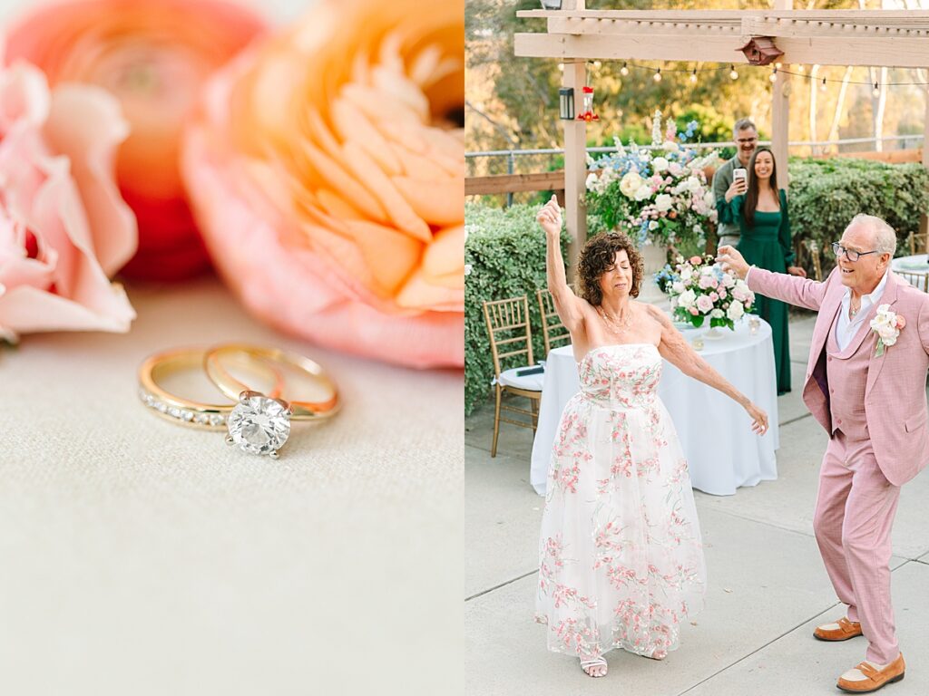 Bride's engagement and wedding rings in front of pink and peach florals. Bride and groom dancing together at their wedding reception.