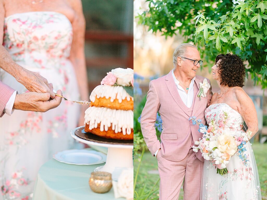 Bride and groom cutting wedding bundt cake at their wedding reception, smiling at one another in their garden in Laguna Hills, California.