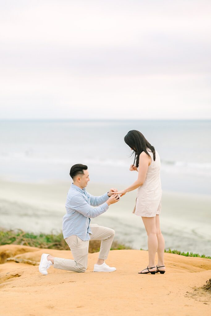 Gilbert proposing to Jenn on the cliffs at Carlsbad, overlooking the ocean at sunset.