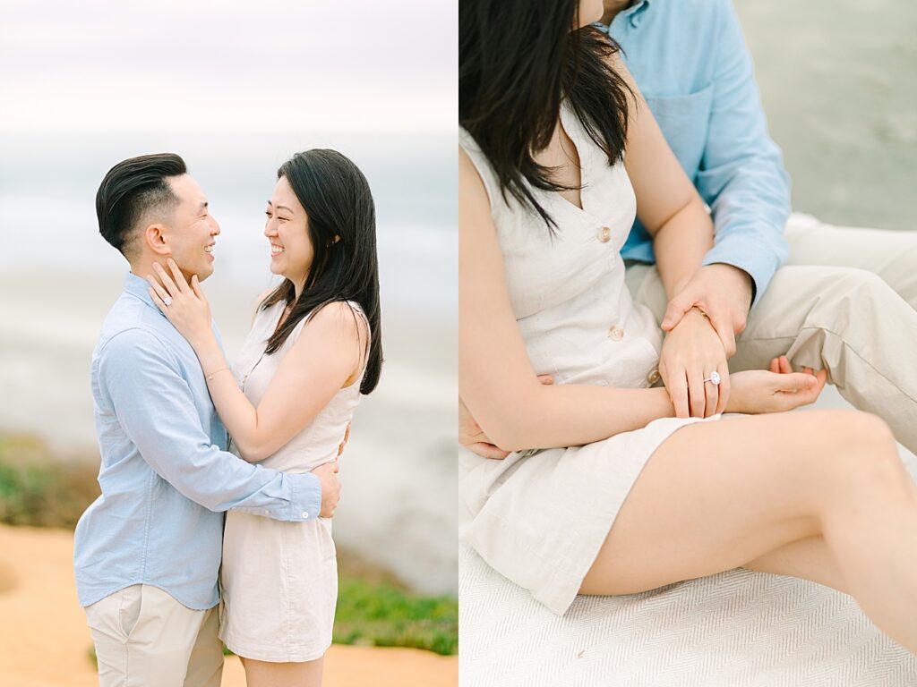 Candid moment of laughter between engaged couple during portraits on the shore.