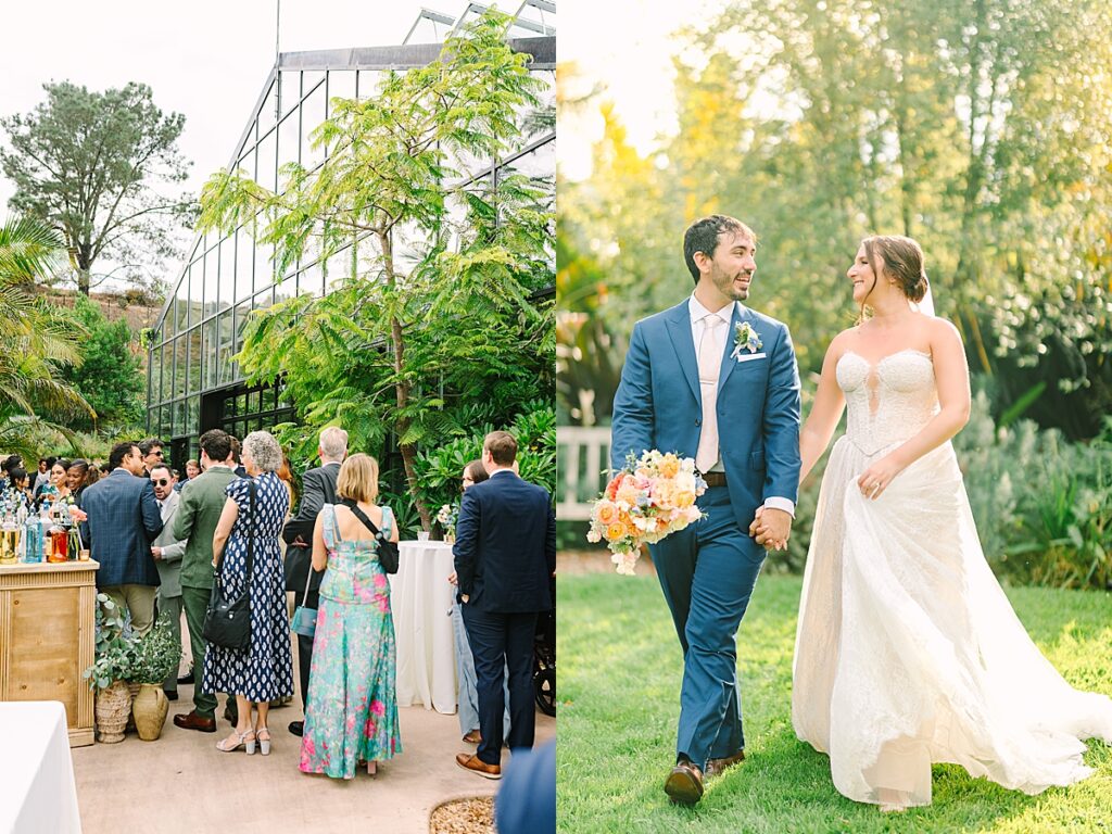 Bride and groom walking hand in hand during couple's portraits.