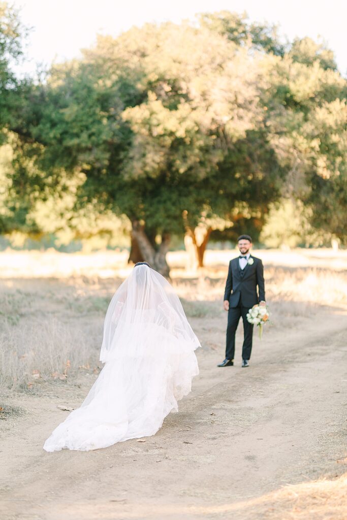 Bride running to her groom as he awaits her embrace under oak trees during their wedding photography pictures.