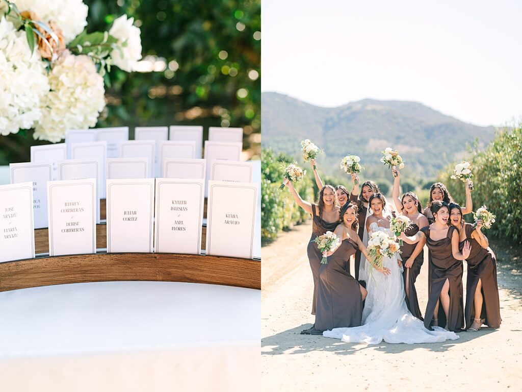 Bride and her bridesmaids cheering with their bouquets dressed in brown.