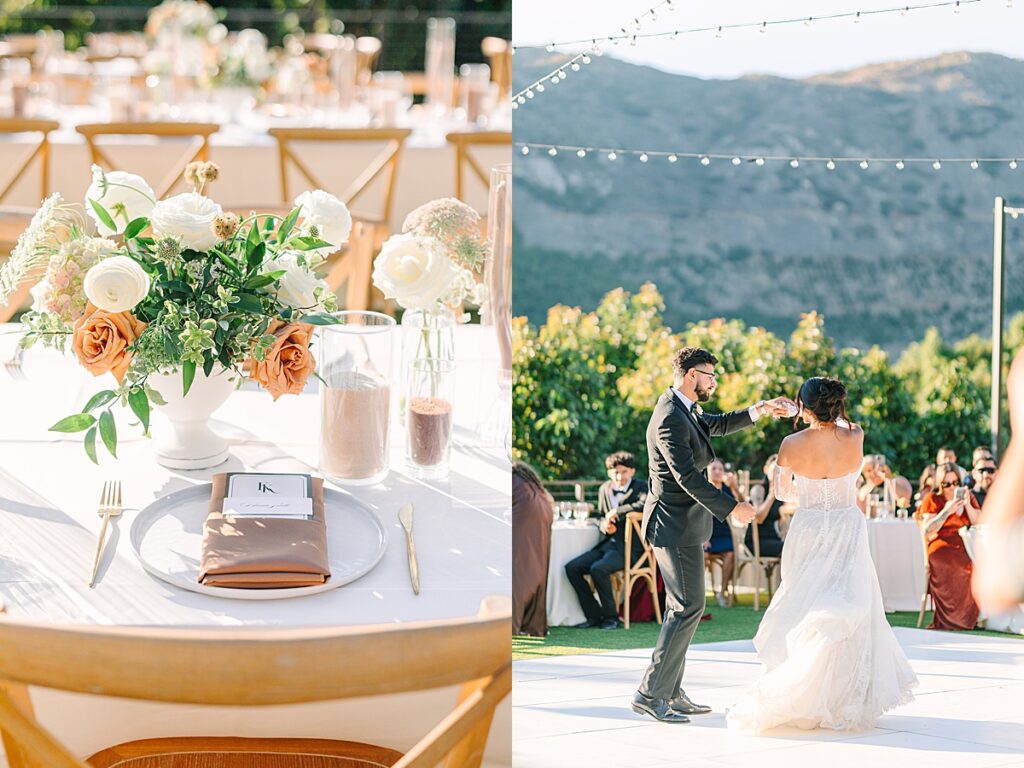 Bride and groom first dance with the gusts smiling at them and the mountains blue in the background.