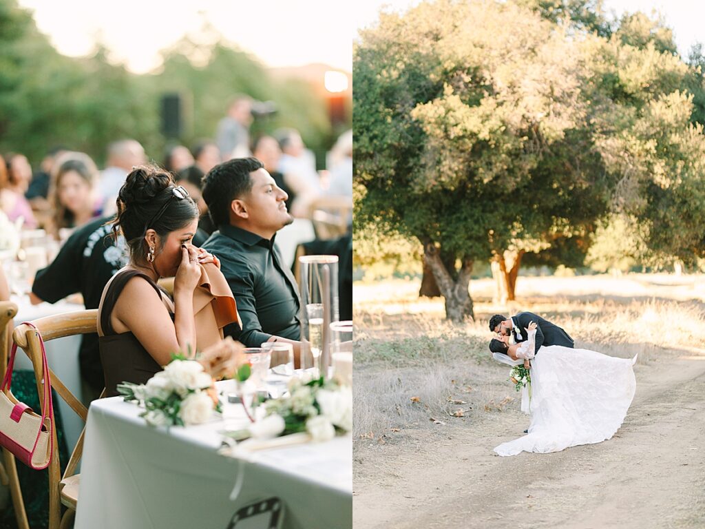 Bridesmaid crying during reception toasts at Rancho Guejito Vineyard in Escondido.