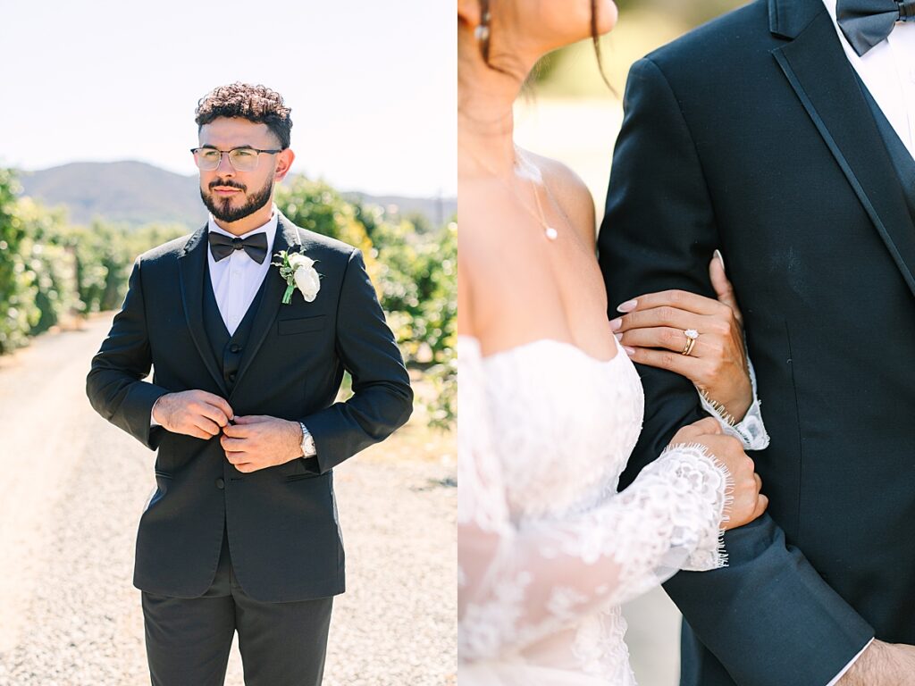 Close up photo of the bride's wedding rings on the groom's arm.